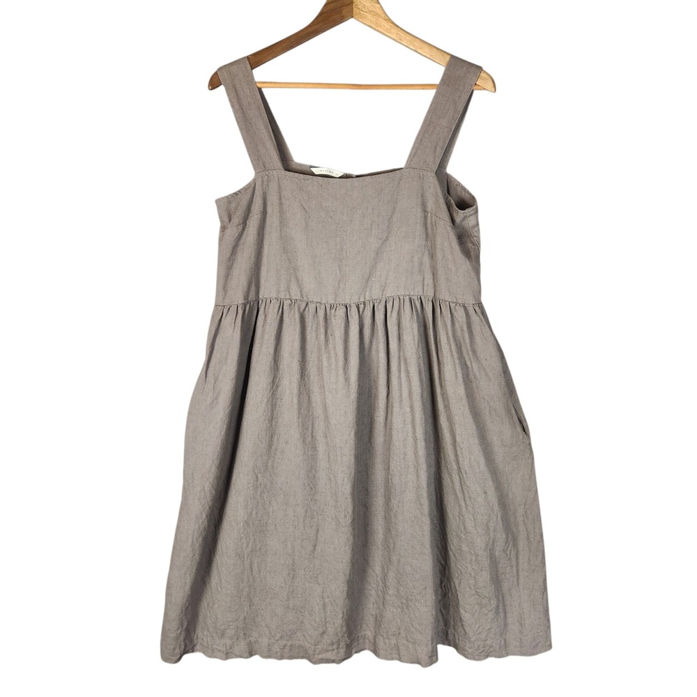 Linenfox Summer Linen Dress S Taupe Grey Midi Square Neck Button Pockets